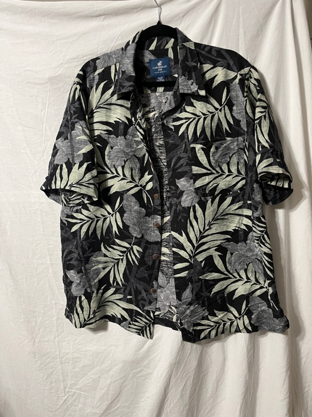 Caribbean Joe Black and Gray Tropical Leaf Print Shirt